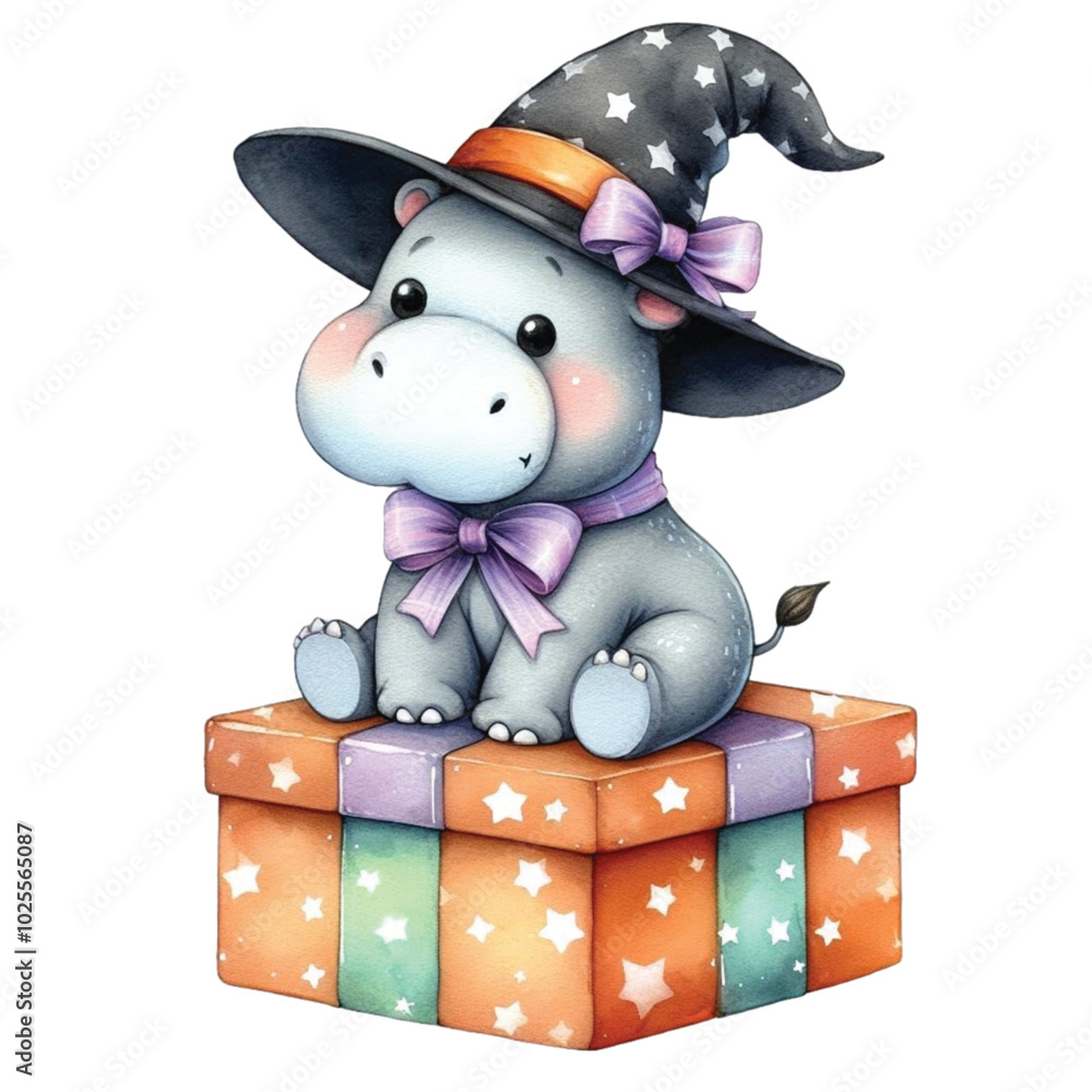 Fototapeta premium Cute hippopotamus with Christmas clipart watercolor