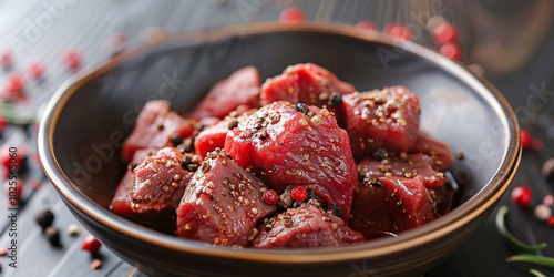 A bowl filled with raw meat seasoned with various spices and sprinkled.