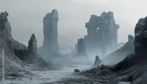 Obraz na płótnie A desolate landscape with towering rock formations and ruins in the distance, shrouded in mist. w salonie