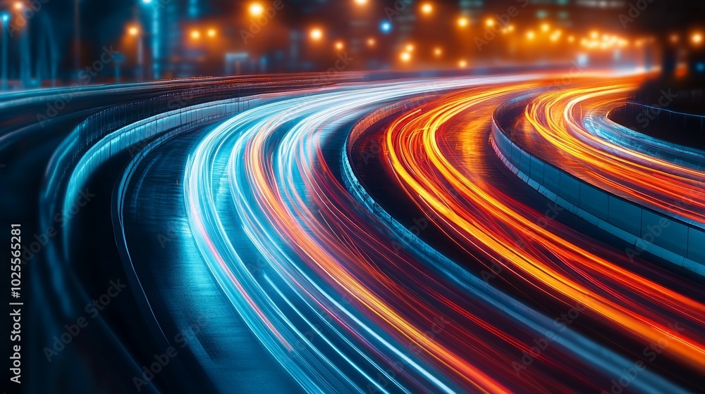 Abstract long exposure shot of city lights streaking across a curved highway at night. Abstract long exposure shot of city lights streaking across a curved highway at night.