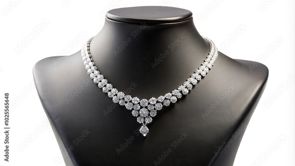 Diamond necklace on black mannequin isolated on white Diamond necklace on black mannequin isolated on white