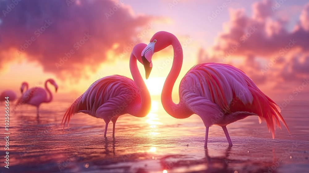 Fototapeta premium Pink flamingos wading through shallow water at sunset, their bright feathers illuminated by the fading light.