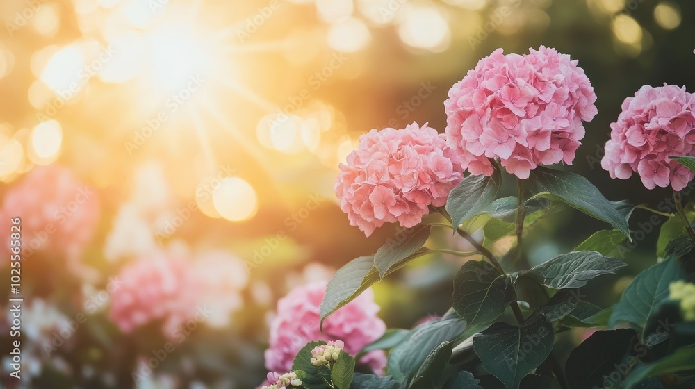 Pink hydrangea flowers blooming in a garden, with soft sunlight filtering through the leaves and creating a peaceful atmosphere. Pink hydrangea flowers blooming in a garden, with soft sunlight filtering through the leaves and creating a peaceful atmosphere.