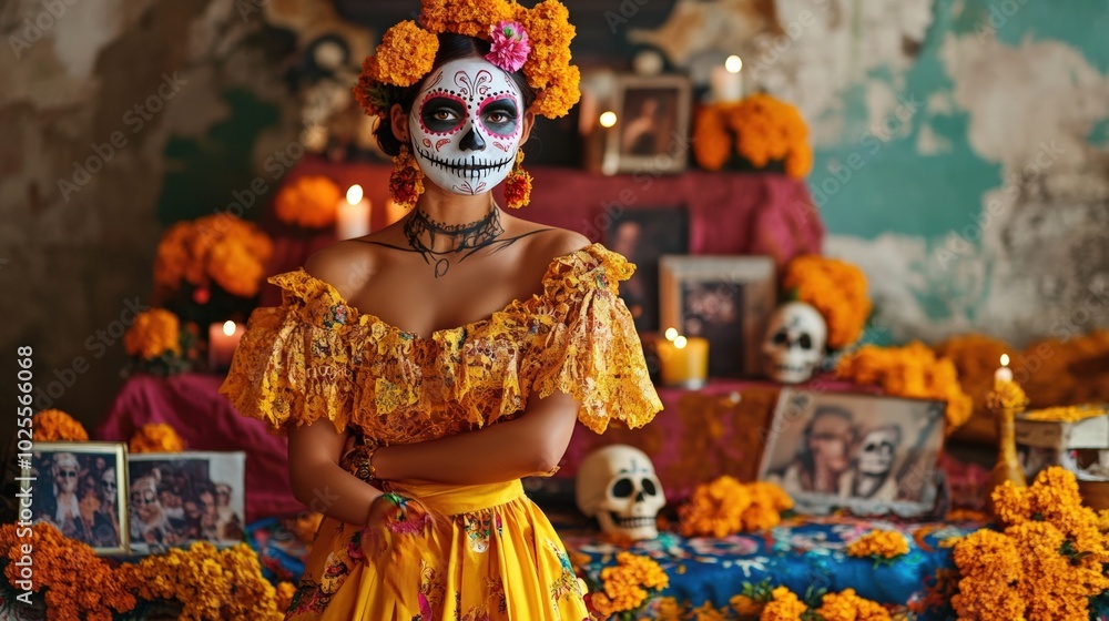 Fototapeta premium Elegant woman with her face painted as a sugar skull, dressed in a traditional Mexican gown adorned with marigold flowers. Celebrating Day of the Dead.