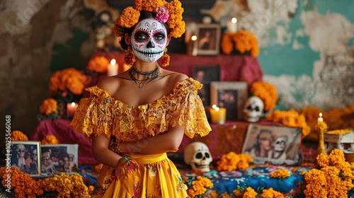 Elegant woman with her face painted as a sugar skull, dressed in a traditional Mexican gown adorned with marigold flowers. Celebrating Day of the Dead.