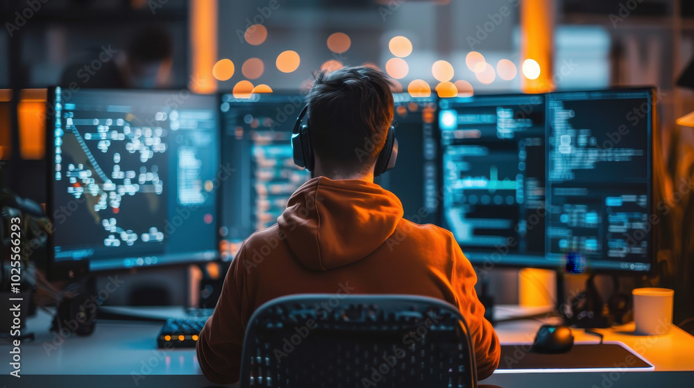 focused individual wearing headphones is immersed in work at desk with multiple computer monitors displaying data and code, surrounded by warm, ambient glow focused individual wearing headphones is immersed in work at desk with multiple computer monitors displaying data and code, surrounded by warm, ambient glow