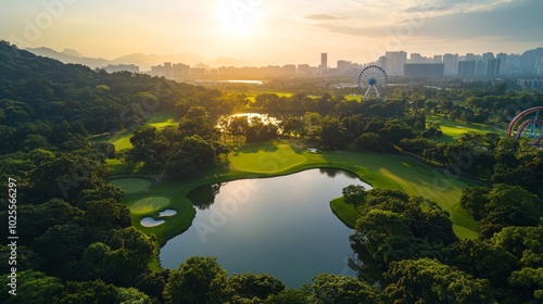 Aerial view of a golf course with a lake and a city skyline in the background at sunset.