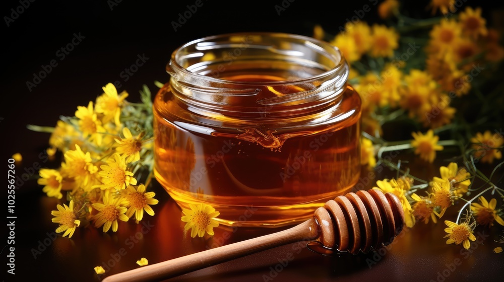 honey jar with acacia flowers and leaves fresh honey top view flat lay. honey jar with acacia flowers and leaves fresh honey top view flat lay.