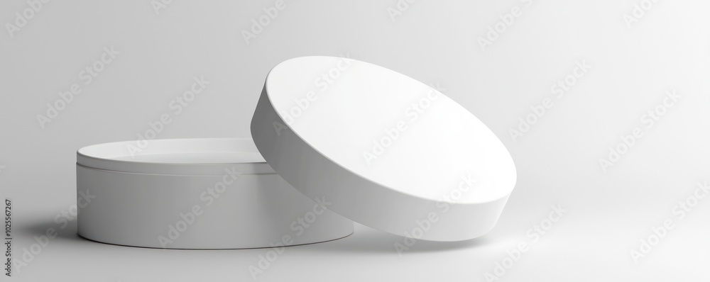 Design a 3D white round box with a lid, isolated for clean and simple product displays. Design a 3D white round box with a lid, isolated for clean and simple product displays.