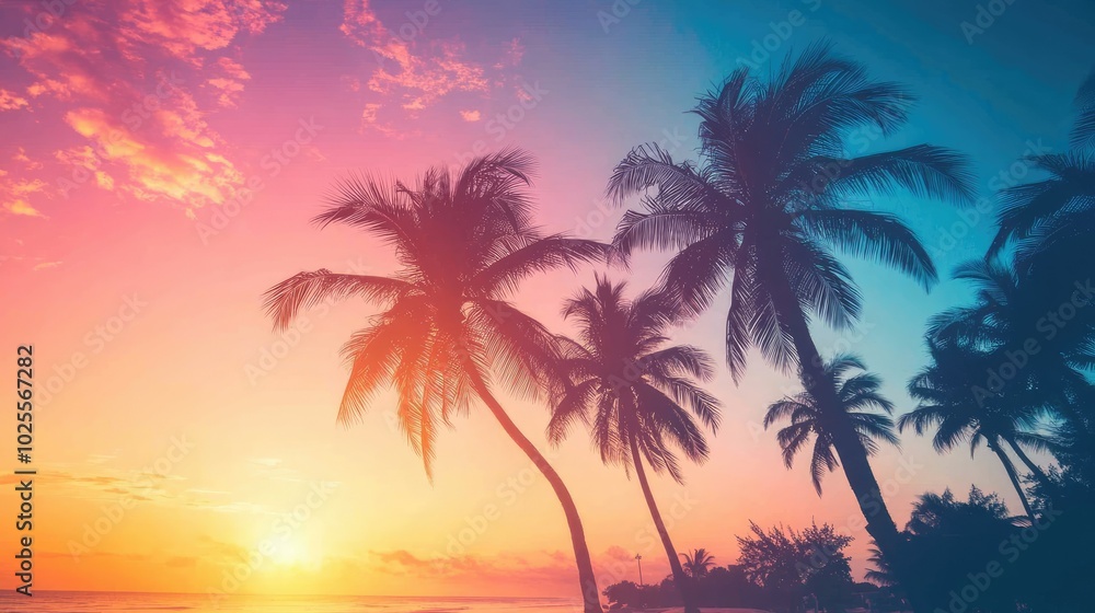 Silhouetted palm trees swaying against a glowing sunset sky, casting long shadows over a tranquil beach. Silhouetted palm trees swaying against a glowing sunset sky, casting long shadows over a tranquil beach.