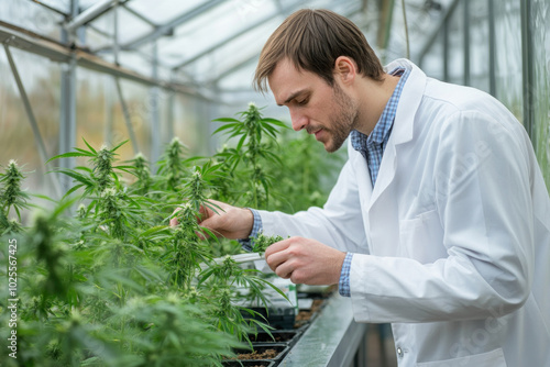 Caucasian male scientist meticulously examining cannabis plants in a modern greenhouse environment.