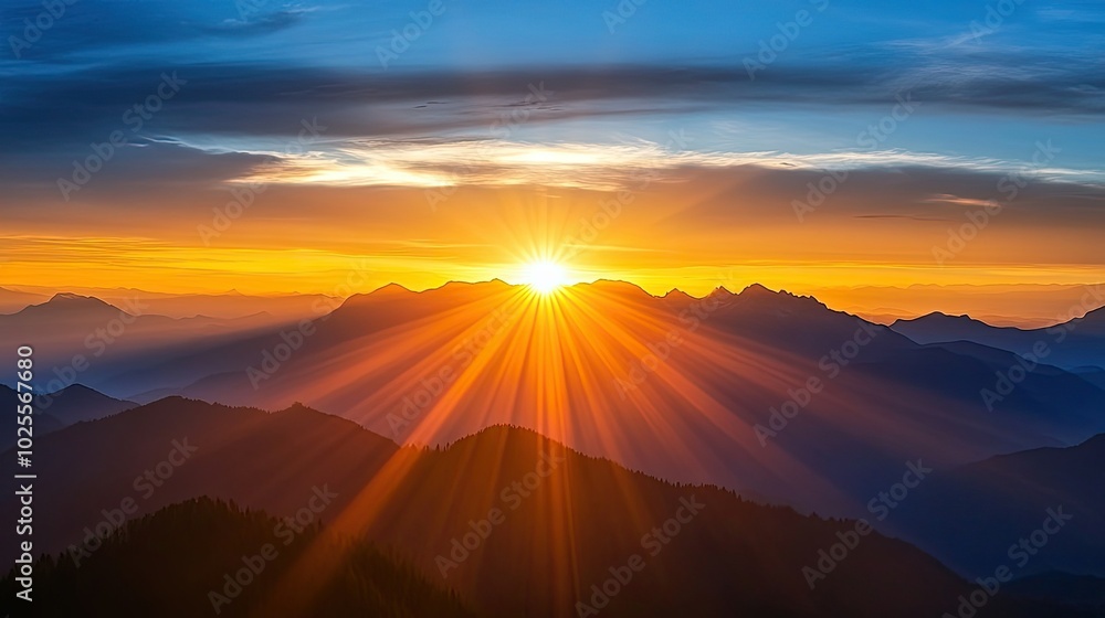 The first light of dawn breaking over a mountain range, casting golden rays across the landscape. The first light of dawn breaking over a mountain range, casting golden rays across the landscape.