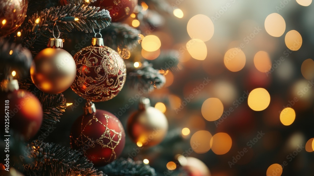 A detailed 3D close-up of a Christmas tree, with intricately designed ornaments and fairy lights, set against a softly blurred background to create a warm and festive atmosphere, perfect for copy A detailed 3D close-up of a Christmas tree, with intricately designed ornaments and fairy lights, set against a softly blurred background to create a warm and festive atmosphere, perfect for copy