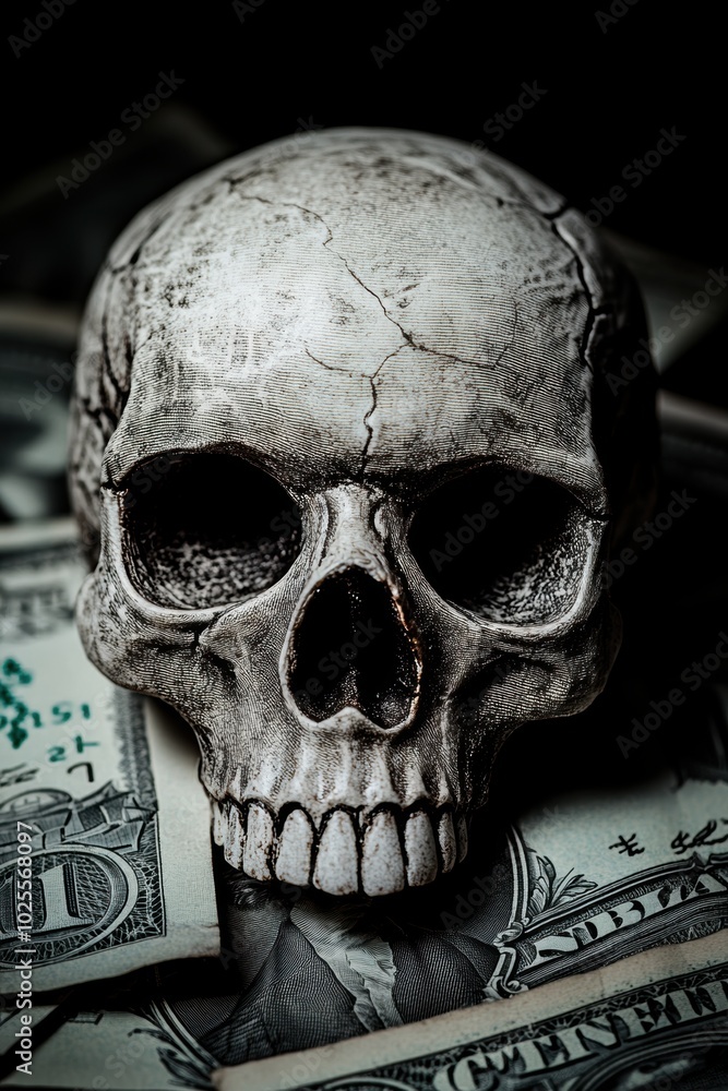 Obraz premium Skull on cash money closeup view