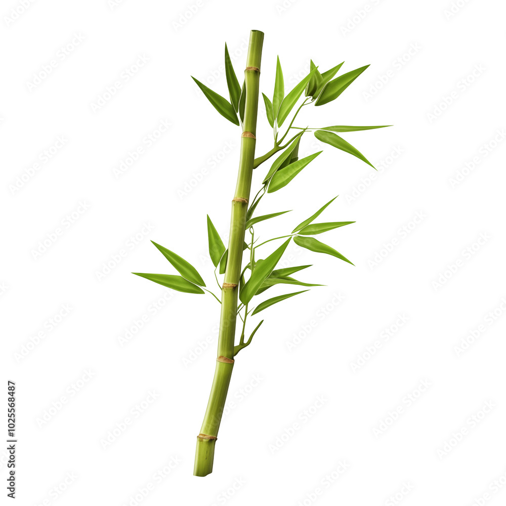 Fototapeta premium A single green bamboo stalk with vibrant leaves displayed against a clean transparent background