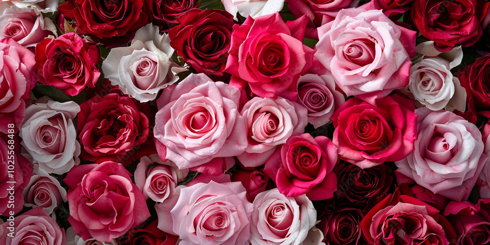 A vibrant arrangement of pink and red roses. A vibrant arrangement of pink and red roses.