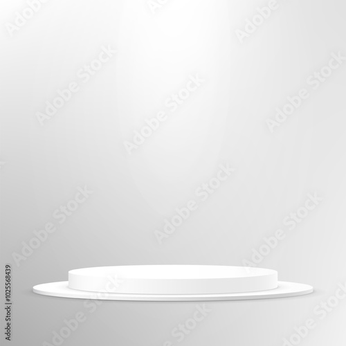 Gray background vector 3d with white podium. Modern Product Display Mockup for Showroom Showcase. Platform illuminated by spotlight. Vector illustration.