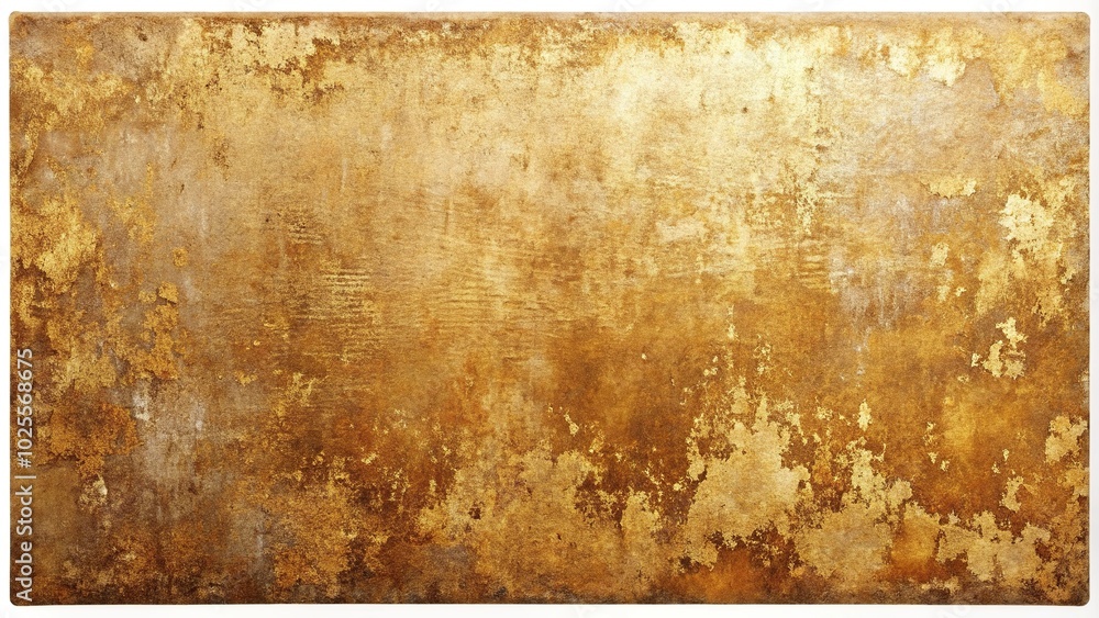 Fototapeta premium Distressed rusty surface texture with reflected ink and gold grunge on white background