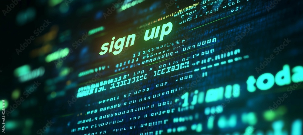 Sign Up on a Digital Screen with Green and Blue Code Sign Up on a Digital Screen with Green and Blue Code