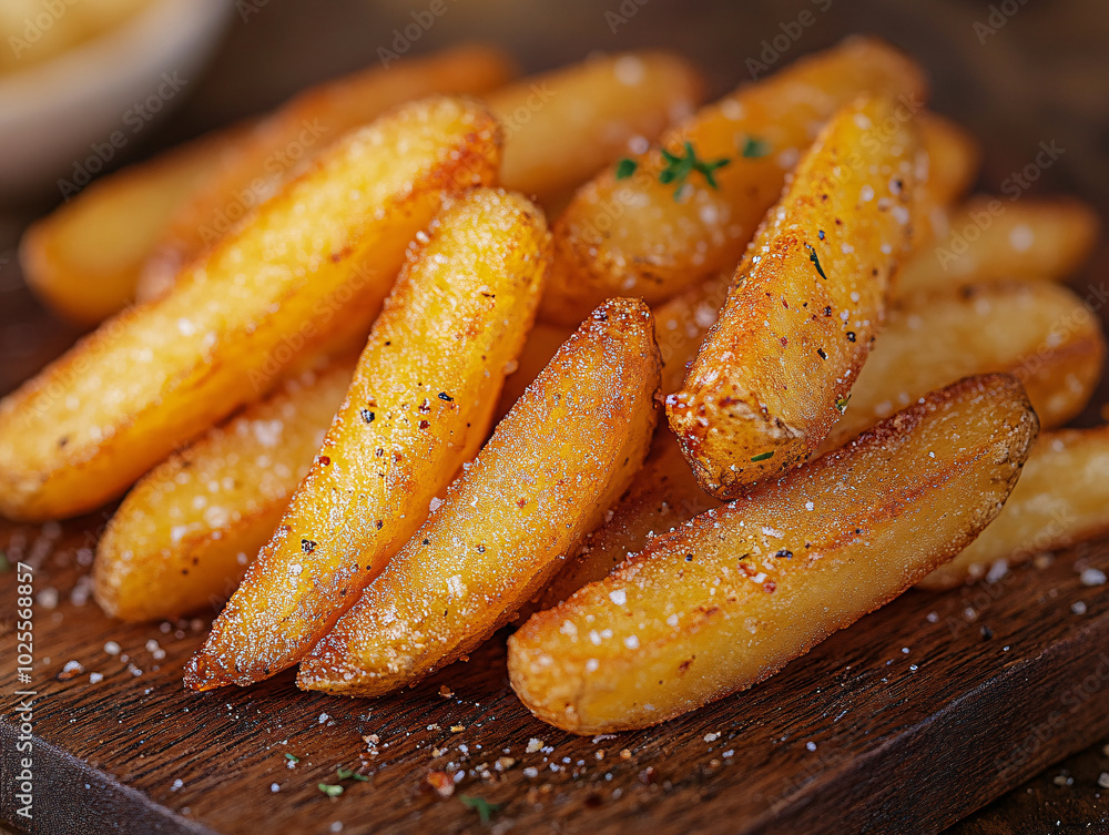 close-up shot of crispy french fries with herbs, possibly garlic and parsley, on a black background with a soft focus bokeh in the background. close-up shot of crispy french fries with herbs, possibly garlic and parsley, on a black background with a soft focus bokeh in the background.