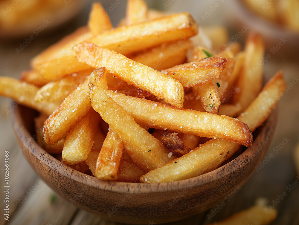 close-up shot of crispy french fries with herbs, possibly garlic and parsley, on a black background with a soft focus bokeh in the background. close-up shot of crispy french fries with herbs, possibly garlic and parsley, on a black background with a soft focus bokeh in the background.