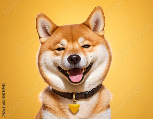 Adorable Shiba Inu Smiling against yellow background