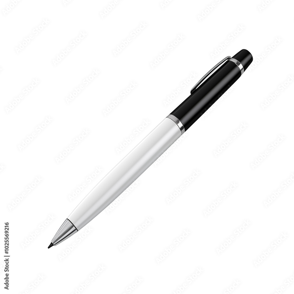 Simple black and white pen resting on a clean white surface in a well-lit setting Simple black and white pen resting on a clean white surface in a well-lit setting