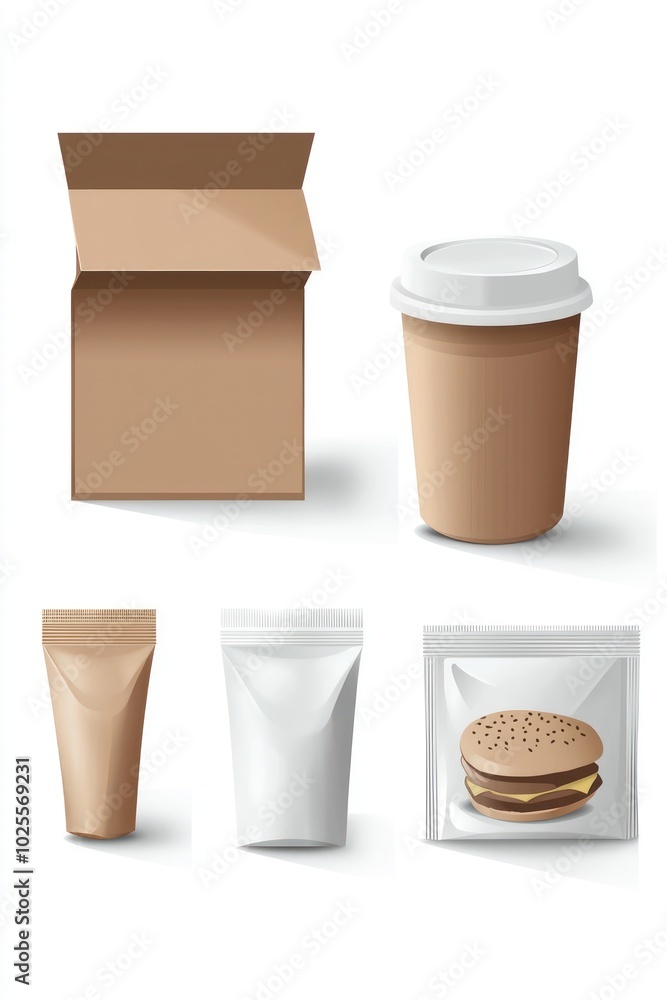 Detailed 3D vector of blank fast food packaging, realistic with various delivery elements. Detailed 3D vector of blank fast food packaging, realistic with various delivery elements.