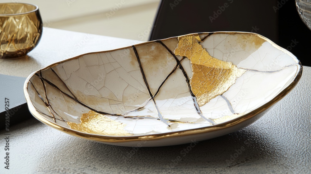 Obraz premium Elegant Kintsugi Ceramic Platter in Earthy Tones and Gold Accents on Dining Table