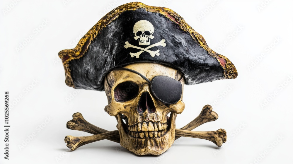 Closeup view of skull wearing pirate captain cap with crossing bone. The decoration element for Halloween.