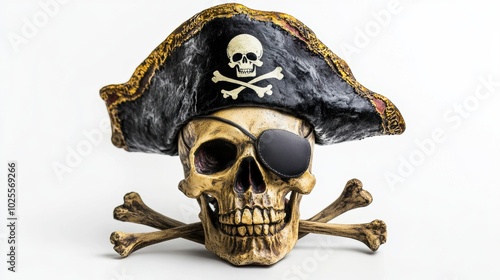 Closeup view of skull wearing pirate captain cap with crossing bone. The decoration element for Halloween. photo