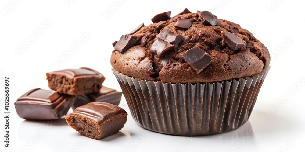 Double chocolate muffin with cocoa and chocolate chunks isolated on white background, high angle view Double chocolate muffin with cocoa and chocolate chunks isolated on white background, high angle view
