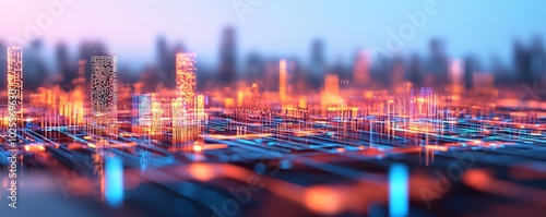 Abstract digital metropolis with dynamic structures, symbolizing the rapid evolution of smart cities and information technology #1025569630