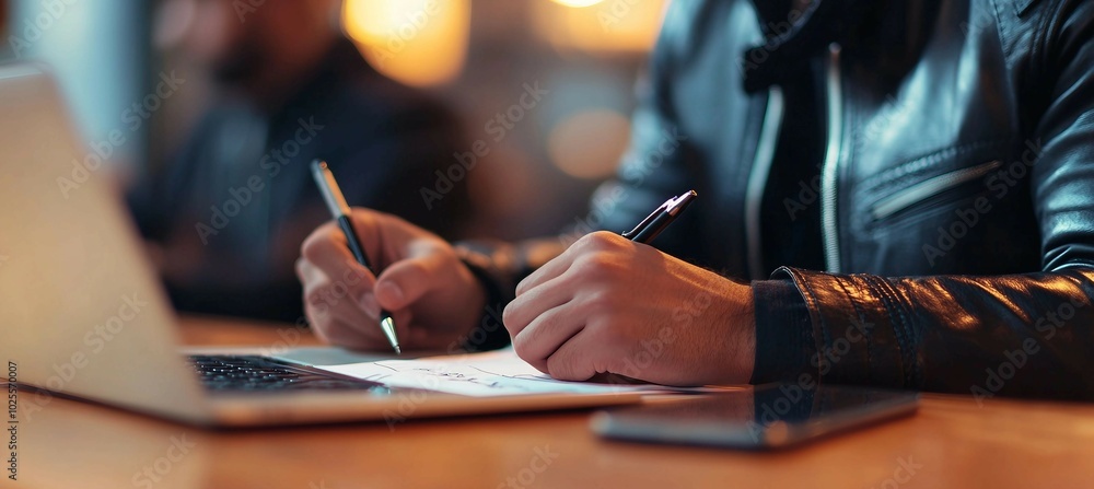 Businessman Working on Laptop and Taking Notes Businessman Working on Laptop and Taking Notes