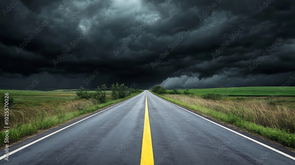 Dark Storm Clouds Over Empty Road Ahead Dark Storm Clouds Over Empty Road Ahead