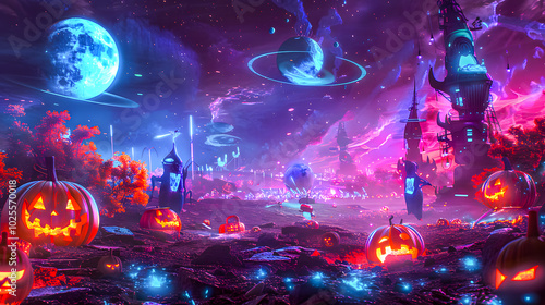 Spooky Halloween future city under a bright full moon. Glowing pumpkins, haunted houses, and bats fill the night with an eerie, magical vibe