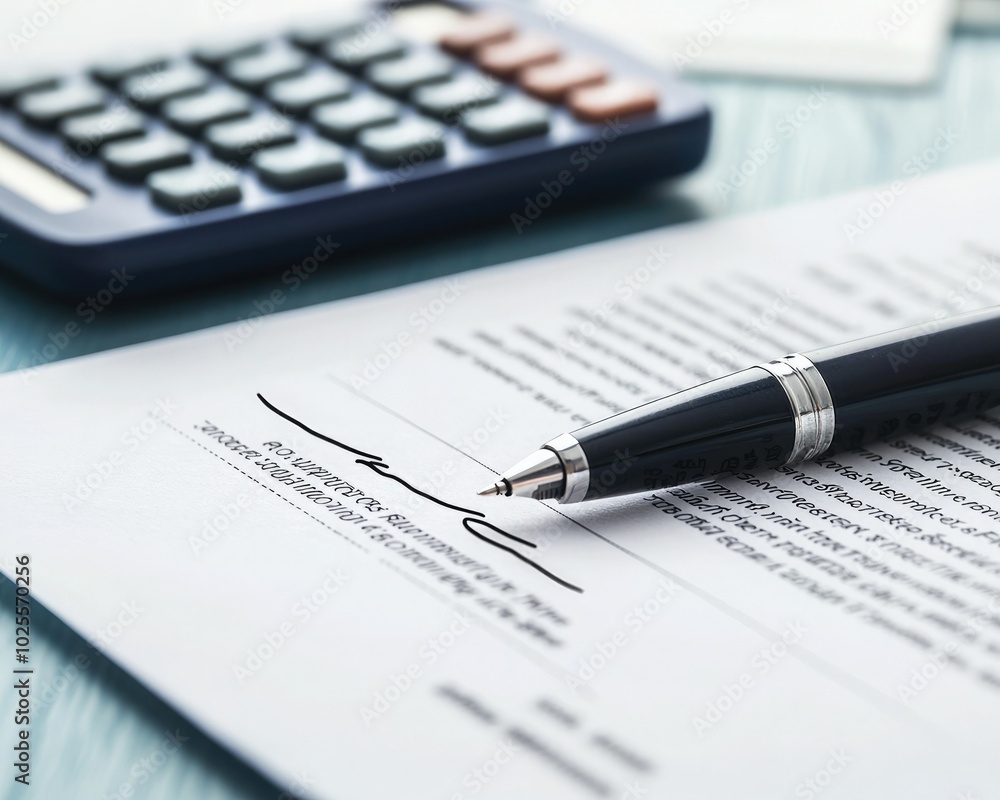 Close-up of a printed document being signed with a pen and calculator, representing financial or legal agreements. Close-up of a printed document being signed with a pen and calculator, representing financial or legal agreements.