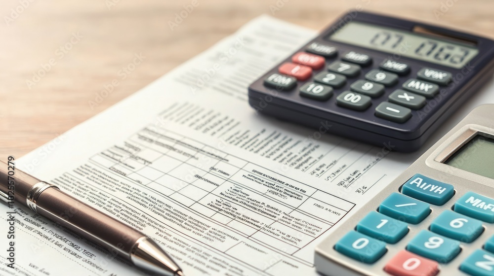 Close-up of financial documents, calculators, and a pen on a wooden desk, representing accounting and budgeting tasks. Close-up of financial documents, calculators, and a pen on a wooden desk, representing accounting and budgeting tasks.