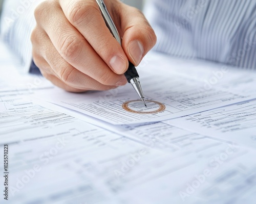 Close-up of a hand using a pen to mark an important document, emphasizing attention to detail in paperwork. photo