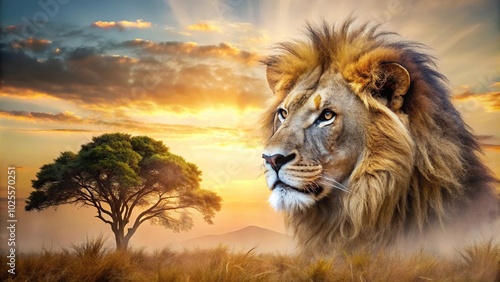 Double exposure photography of a majestic lion and the breathtaking African savannah Close-Up