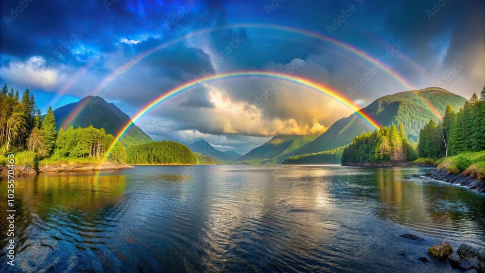 Double rainbow over fjord in Great Bear Rainforest, British Columbia Wide-Angle Double rainbow over fjord in Great Bear Rainforest, British Columbia Wide-Angle