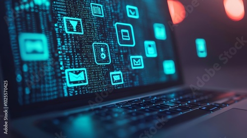 Technology and cybersecurity merge in this image of a laptop with floating communication icons, focusing on the risks and defense against phishing photo
