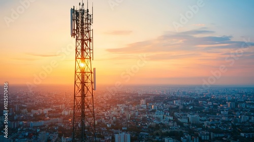 Telecommunication tower silhouetted against a sunset over a bustling city, illustrating the networked infrastructure of a smart city