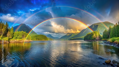 Double rainbow over fjord in Great Bear Rainforest, British Columbia Wide-Angle