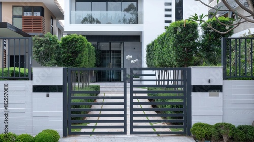 Modern Home Entrance with Black Metal Gate and Green Landscaping