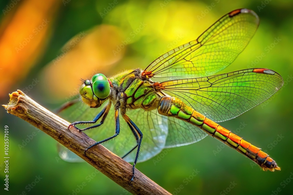 Dragonfly with green tail and orange wings perched on tip of branch Dragonfly with green tail and orange wings perched on tip of branch