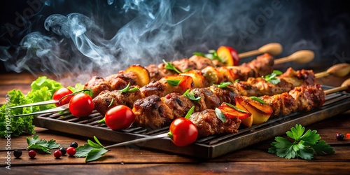 Dramatic lighting setup capturing sizzle and steam of kabab