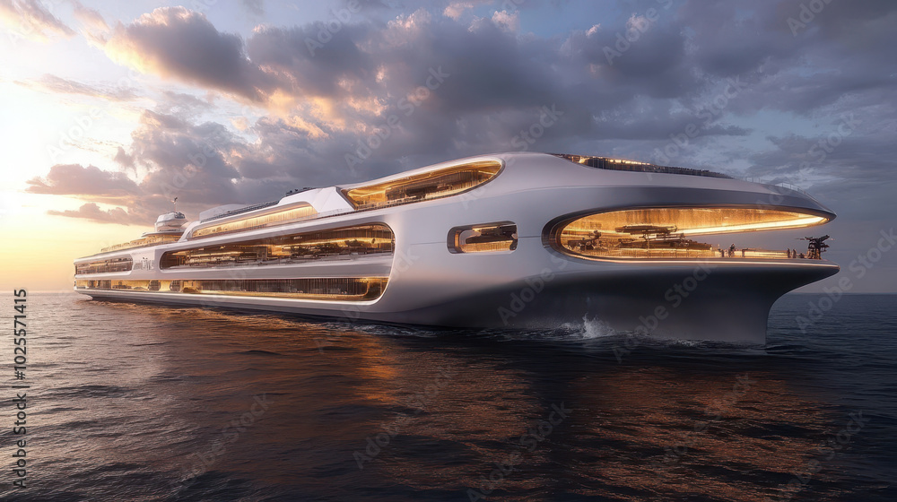 Futuristic cargo container ship design showcasing innovative architecture and sleek lines, floating on calm waters during sunset. structure reflects modern maritime technology and aesthetics Futuristic cargo container ship design showcasing innovative architecture and sleek lines, floating on calm waters during sunset. structure reflects modern maritime technology and aesthetics