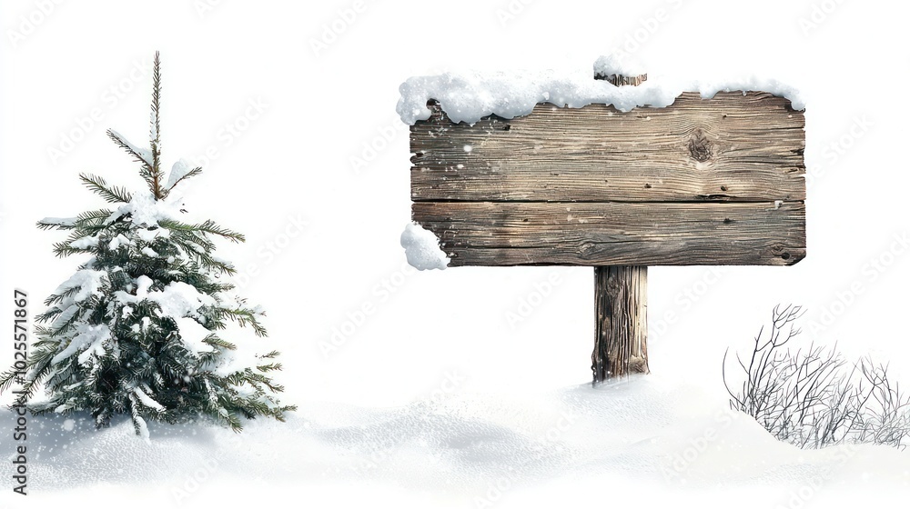 Naklejka premium Holiday greeting on a rustic wooden signboard, snow-capped for festive landscapes.