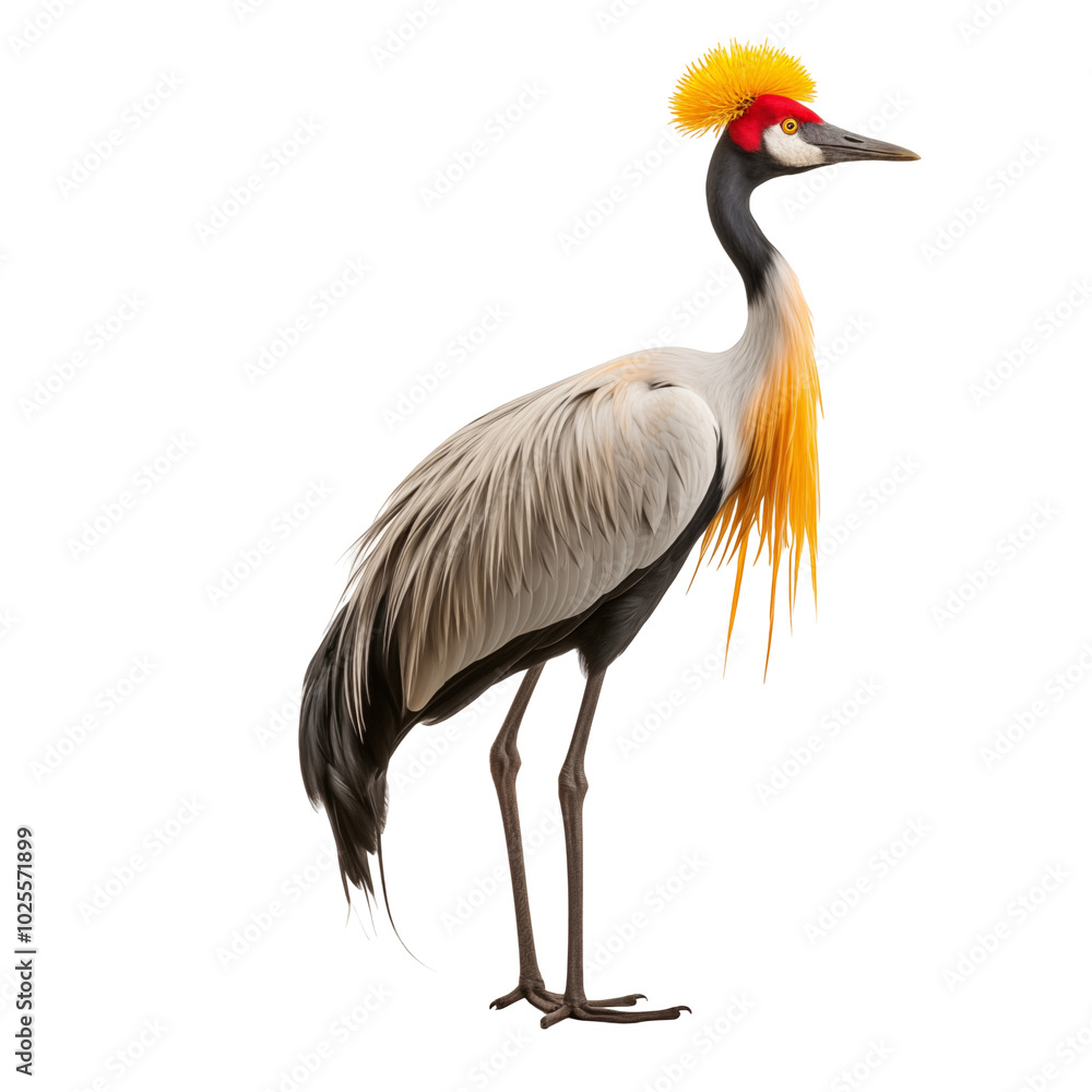 Graceful grey crowned crane displaying vibrant feathers in a studio setting Graceful grey crowned crane displaying vibrant feathers in a studio setting